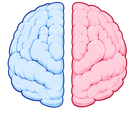 左脳（青）と右脳（ピンク）を示した脳の上面図